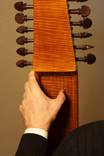 A left hand plucking the strings of a baryton